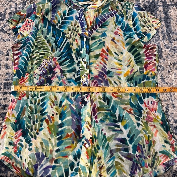 Soft Surroundings Anthea Multi-Color Hawaiian Palm Button Up Short Sleeve Blouse - Picture 9 of 10